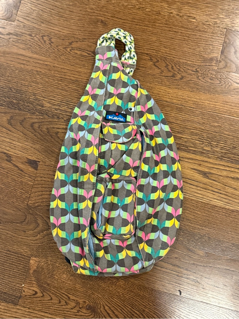 Kavu Multicolor Geo Print Rope Sling Bag with Pink, Yellow & Teal Accents